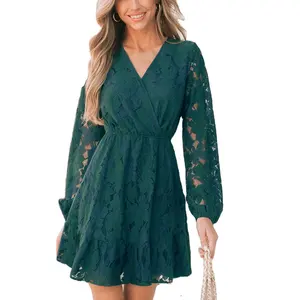 Professional Supplier Chiffon Long Sleeve Dress Elegant Style V-Neck Waist Dress