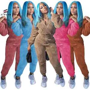 Conyson New Style Double-faced Velvet Polyester Sweat Suit Winter Suit For Women Two Pieces Sets Sportswear 2 Piece Pants Set