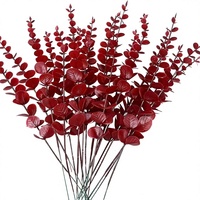 ABAJI Eucalyptus Wine Red 12 PCS Daun Palsu Buatan Evergreen untuk Dekorasi Meja/Kantor Rumah, Pernikahan, Vas, Bunga Buatan, Tanaman Buatan.
