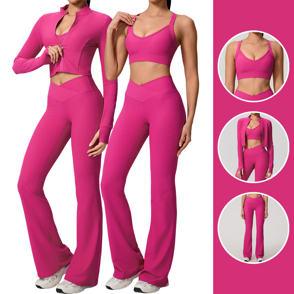 Custom Autumn Winter Women's 3-Piece Yoga Set Zip Jacket Sports Bra & Cross V Waist Flared Pants Gym Fitness Sportswear Suit