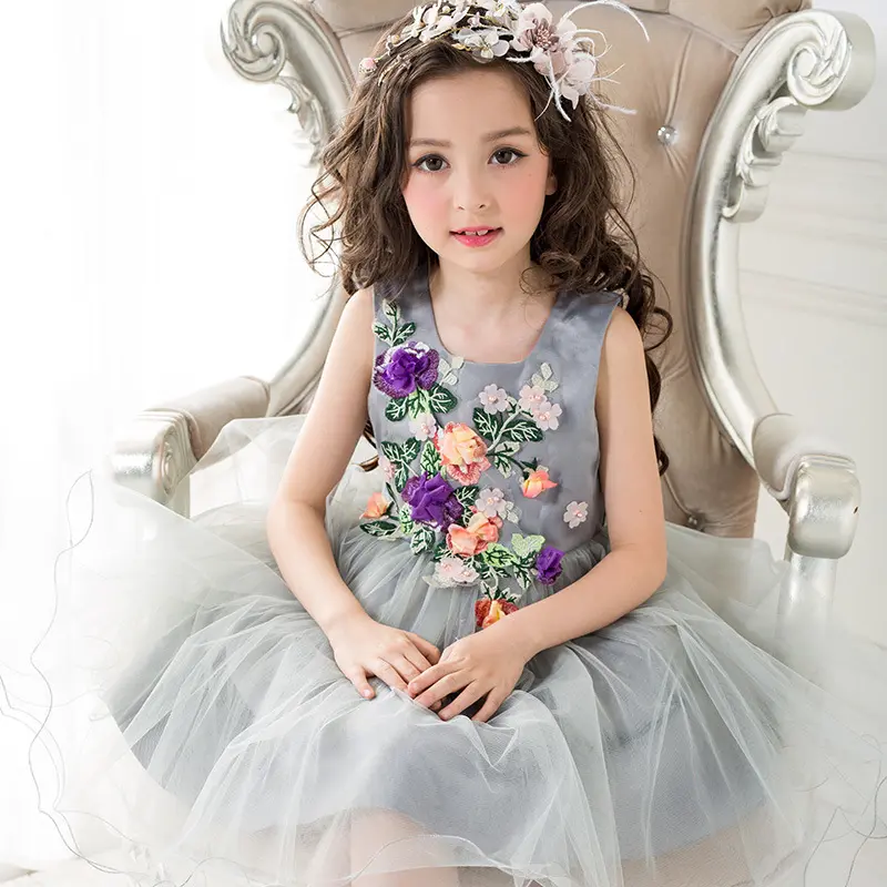 Boutique Summer Sleeveless Children's Girl Princess Flower Dress Gray Lace
