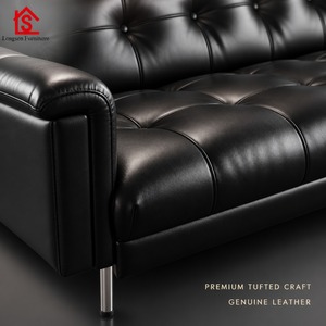 Divano in Vera Pelle Nera, Stile Italiano Minimalista, Vintage Francese, Linea Retta, Americano Mid-Century, Modello Nebula per Spazi Ristretti - Product Image 3