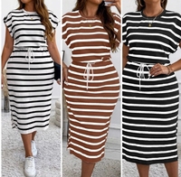 Vente en gros grande taille femmes col rond rayé imprimé sangle taille femmes tenue décontractée