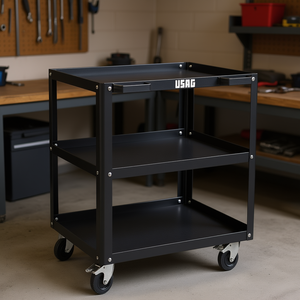 Chariot utilitaire Usag à 3 étagères en métal noir avec roues pour le rangement d'outils - Product Image 3