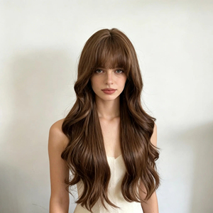 Pelucas Hechas a Máquina, <span class=keywords><strong>Peluca</strong></span> Larga Ondulada Marrón Cálido para Mujer, con Ondas Grandes, Cabello Artificial, Estilo de Cabeza Completa - Product Image 1