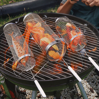 Paniers de gril portables ronds en acier inoxydable tube de filet métallique barbecue panier à cylindre panier de grillade roulant