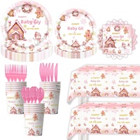 Vaisselle et décorations de fête thème maison en pain d'épices style anime pour baby shower : gobelets, serviettes, assiettes, bannières, guirlandes, nappes