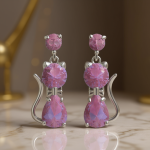Orecchini Pendenti E3823 a Forma di Gatto Rosa, Gioielli in Lega per Donne con Gemma Rosa Taglio Brillante Rotondo, Regalo - Product Image 2
