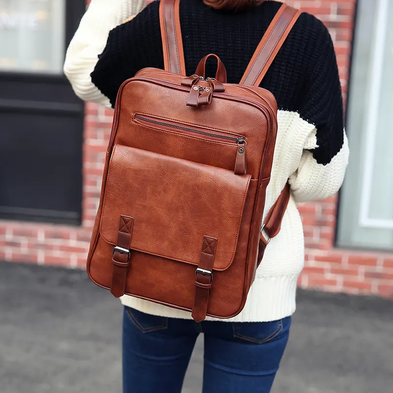 New trend Men Vintage PU leather fashion women's leather backpack Laptop School Bookbag