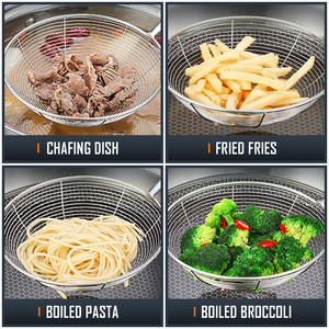 Colador de acero inoxidable con mango de madera, colador de pasta de malla metálica, espumadera de cocina. - Product Image 4