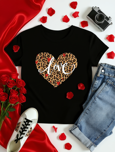 T-shirt con stampa di cuori leopardati per San Valentino, t-shirt da donna a maniche corte, girocollo, casual, alla moda, primavera estate, 100% cotone - Product Image 2