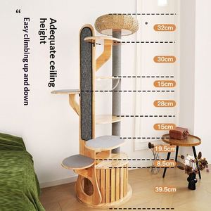 Arbre à chat haut en bois de caoutchouc massif de qualité supérieure avec lit de repos tressé, poteau à gratter en sisal, griffoir mural et condo fermé pour chat - Product Image 3
