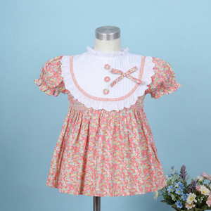 Vestido Tipo Smock Personalizable para Niñas, Modelo BB3262, Hecho a Mano con Cuello Alto Floral Rosa, 100% Algodón, OEM ODM para Niños - Product Image 1