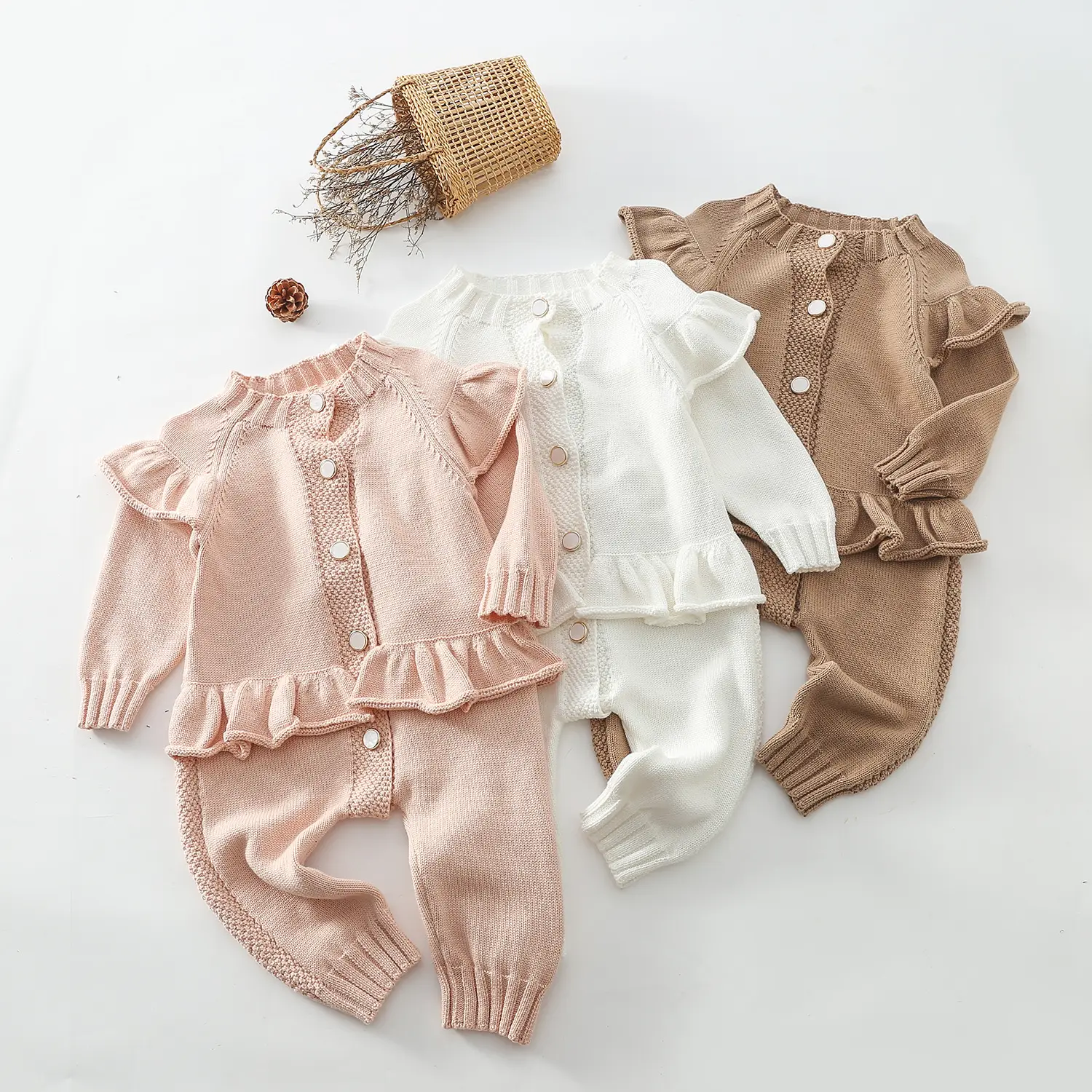 INS Wholesale autumn winter newborn baby clothes solid color ruffle cozy cotton knitted rompers