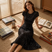 Robe de soirée à sequins noire, col rond, manches courtes, coupe fourreau, longueur ras du sol, pour mère de la mariée, invitée de mariage, fête, banquet