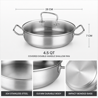 Poêle à double poignée en acier inoxydable 304 de 28 cm avec couvercle en verre trempé, grande cocotte de 4,5 QT pour plaques de cuisson, friture peu profonde et service