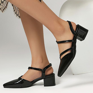 Zapatos de Tacón Bajo Cuadrado para Mujer, Zapatos de Charol Brillante con Punta Puntiaguda, Sandalias de Verano con Corte Lateral para Oficina - Product Image 4