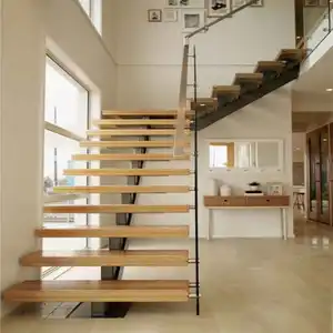 DB durable wooden straight stairs outdoor staircase beech wood treads with tempered clear glass or stainless steel railing