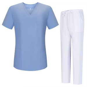 Unisex <b>Scrub</b> Suit Set V-Neck Top With White Pants Moisture Wicking Lightweight Medical Workwear For Clinic And Surgery Use - Product Image 3