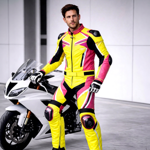 Lenvique Men's Yellow Pink 1.3MM 220g <b>Motorcycle</b> Racing Suit Full Sleeve Color Blocked Protective Riding <b>Jacket</b> Trousers - Product Image 1