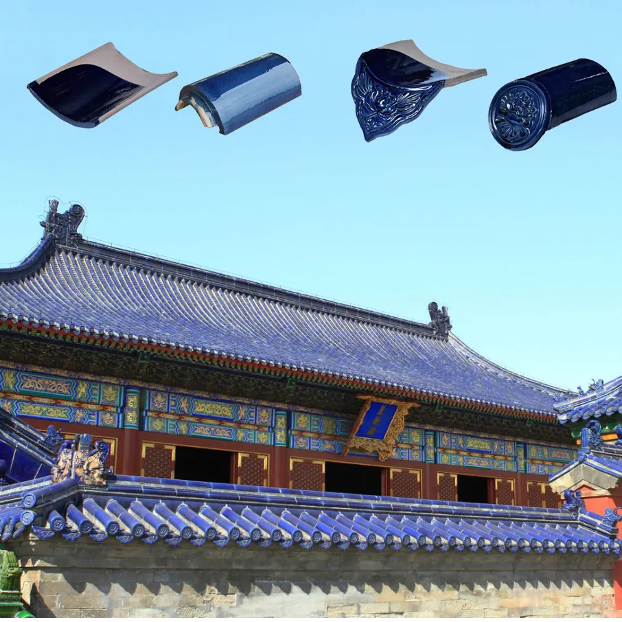 Techo de tejas de arcilla azul chino esmaltado para techo de edificio de templo tailandés antiguo