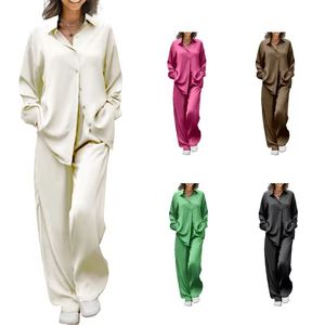 Nouvel ensemble de pyjama décontracté d'été de luxe pour femme, respirant, deux pièces, col en V, avec design à jambes larges et manches longues - Product Image 1