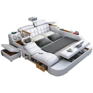 Massage Functie Meubels Kingsize Tv Projector Leer Moderne Enkele Projectoren Speaker Tafel Multifunctionele Queen Smart Bed