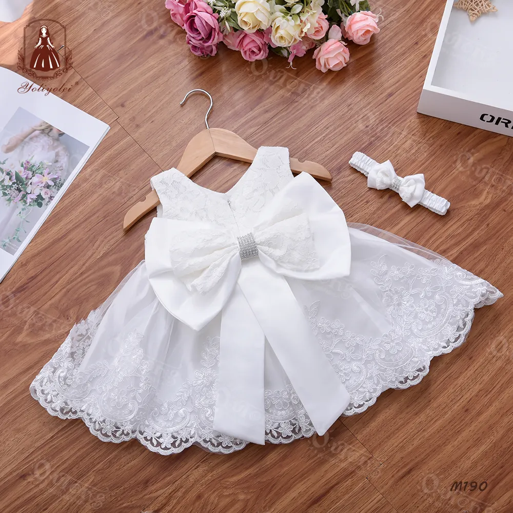 2023 Hot Sale Infant Ropa Nia Pageant Party Toddler Ball Gown White Newborn Baby Baptism Girl Dresses With Big Bow