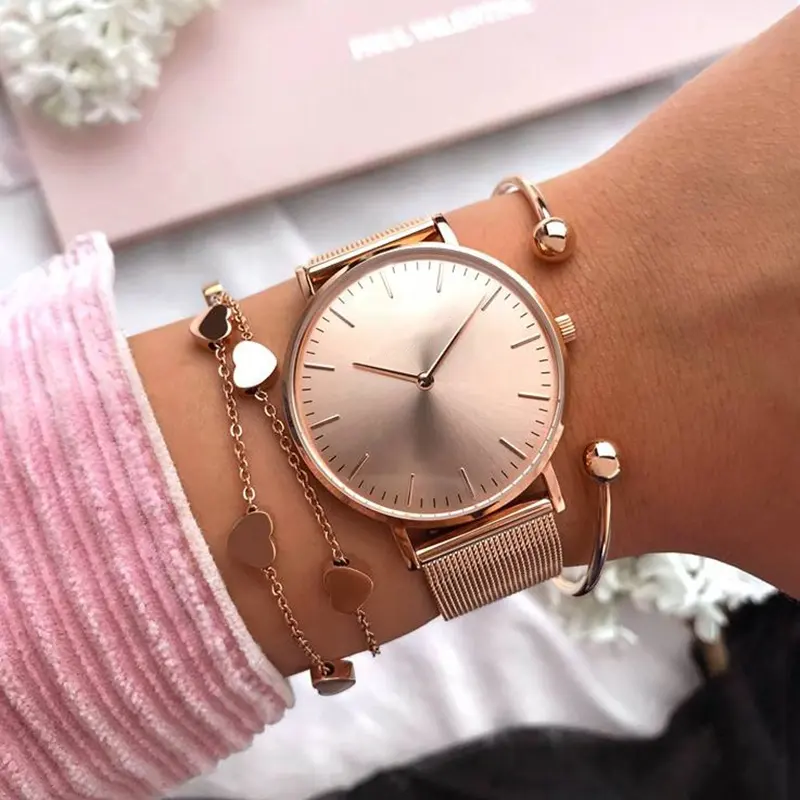 Quartz Wrist Lady Watch Stainless Steel Rose Gold Mesh Strap Watch Women