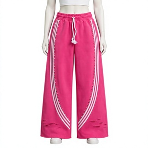 Custom Pink Rhinestone Side Stripe Wide Leg Sweatpants Distressed Baggy Hip Hop Streetwear Women Y2K Track <b>Pants</b> Joggers Trouser - Product Image 1