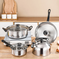 Ensemble de Batterie de Cuisine Moderne 12 Pièces en Acier Inoxydable avec Poignée Combinée en Bakélite et Couvercle en Verre pour Restaurants