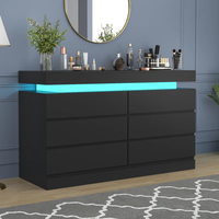 Commode à 6 tiroirs avec prise de courant, commode avec lumière LED, chambre à coucher noire, vente en gros