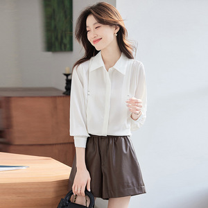 White Satin Long Sleeve Shirt For Women Work Solid Color Simple Design Polyester Fabric Q9961 - Product Image 1