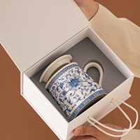 Ensemble de 3 tasses à thé en céramique bleu et blanc, nouveau style chinois, motif lotus et vigne, avec filtre, couvercle et infuseur floral haute température, cadeau de bureau