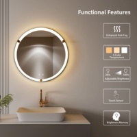 Miroir de salle de bain rond à LED avec éclairage frontal, en acrylique anti-buée, à intensité variable, sans marche, en métal, à montage mural, sur mesure, en gros, 24 pouces