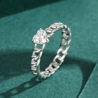 Bagues Cœur en Argent Sterling 925 Vente en Gros, Anneau Romantique Scintillant en Zircon Cubique avec Chaîne Maille Cubaine pour Femme, Bijoux Tendance