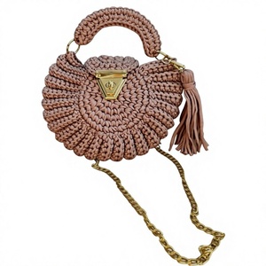 Sac Bohème Fait Main au Crochet Ouvert avec Pompon, Motif Tressé, Couleur Unie, Tissu Polyester, Fil de Soie, Poignée Unique, Capacité 1L, Anneau - Product Image 1