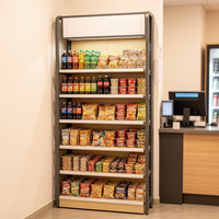 Étagère de présentation de détail moderne à 6 niveaux, simple face, avec boîte lumineuse LED, en métal et imitation bois, pour supermarché
