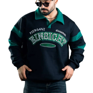 Felpa in Cotone Felpato con Colletto <span class=keywords><strong>Polo</strong></span> a Contrasto, Ricamo 3D, Maniche Lunghe, Stile Rugby per Uomo, Vendita all'Ingrosso - Product Image 4