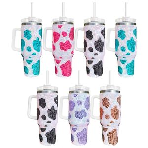 40Oz Stainless Steel Rhinestone Cow Print Tumbler With Handle and Straw Beer Mug Water Bottle for <b>Hot</b> Cold <b>Drinks</b> - Product Image 3
