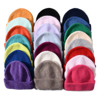 Bonnet unisexe en fourrure de lapin angora, couleur unie, chaud, à double bord, tricoté jacquard, personnalisable avec logo