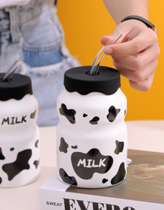 Tazas de Cerámica para Chocolate Caliente con Diseño de Vaca, Tazas Bonitas para Café, Tazas Personalizadas con Logotipo, Tazas para Té con Leche con Tapas de Cúpula y Pajitas - Product Image 2
