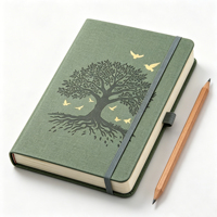 Agenda en tissu vert avec motif d'arbres et d'oiseaux, reliure cousue, impression UV, format A5