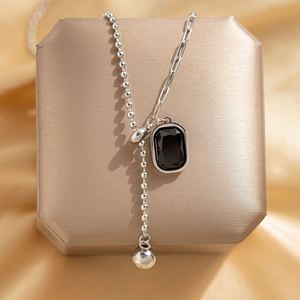 Collier en acier inoxydable plaqué argent, style punk, chaîne à maillons, pendentif à perles carrées pour femmes - Product Image 4