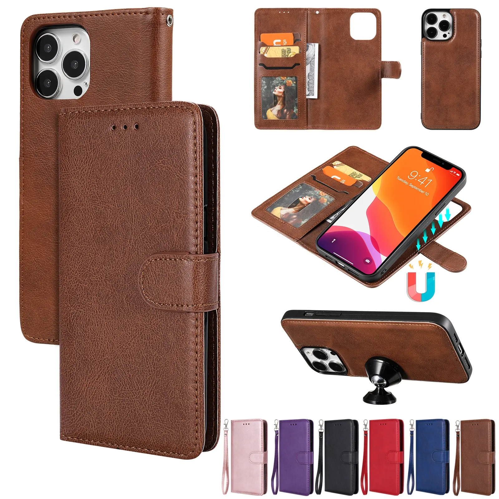 Echt Pu Lederen Kaartsleuven Telefoon Case Voor Iphone 14 13 12 11 Pro Max Flip Wallet Case Voor Iphone 6 7 8 13 Pro Max