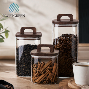 Airtight Square Glass Jars for <strong>Tea</strong> and Spices Glass <strong>Canister</strong> <strong>Set</strong> with Acacia Wood Lid Wholesale Glass Coffee Bean Storage Jar - Product Image 1