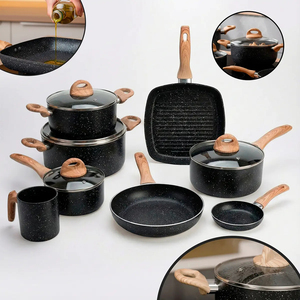 Juego de Ollas y Sartenes de Cerámica Moderna con Revestimiento de Mármol, Tapas de Vidrio, Asas de Baquelita, Antiadherente, 6 Piezas, de Aluminio, Compatible con Inducción - Product Image 1