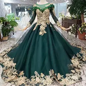 Vestidos de Fiesta de manga larga con apliques de flores doradas, color verde oscuro, encaje, a la moda, 2020