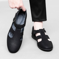 Nouvelles sandales pour hommes respirantes à bout rond, motif uni, antidérapantes, à enfiler, en cuir, rehaussantes, chaussures habillées d'affaires