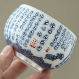 Taza de té de porcelana china hecha a mano con diseño de Sutra del Corazón y Loto, caja de regalo redonda con baño de plata 999 para la ceremonia del té - Product Image 2
